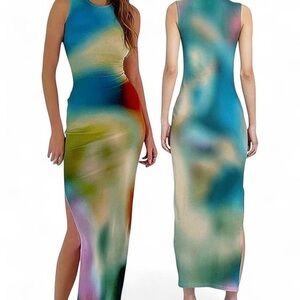 Multicolored Ribbed Halter Tie Dye Maxi-Midi Dress with a slit on the left